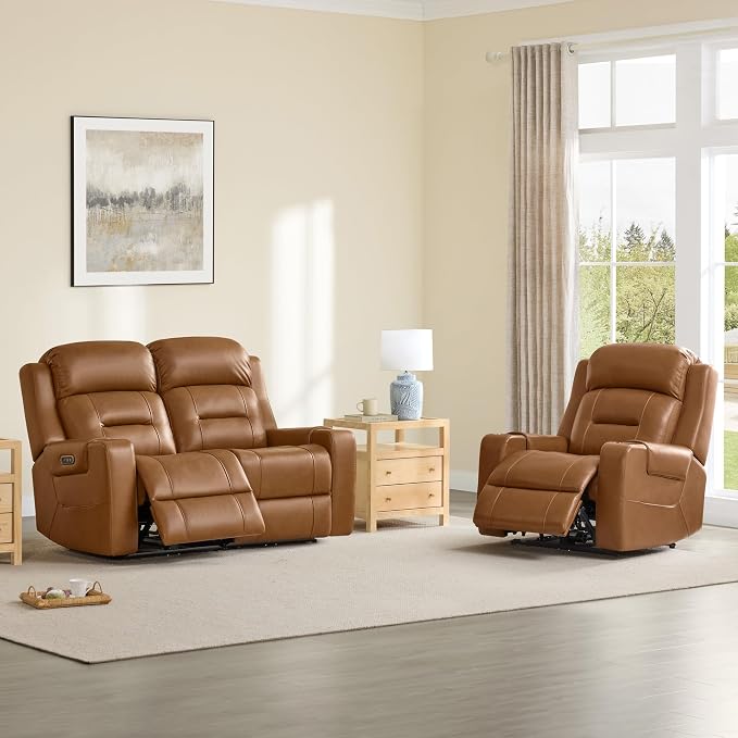 Watson & Whitely Genuine Leather Power Loveseat Recliner Sofa, Lay Flat Loveseat Reclining Sofa with Power Headrest, Cup Holders, USB & Type-C Ports, Dual Recliners for Living Room, Saddle Brown