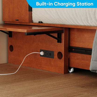 PUREMIND Queen Murphy Bed with Mattress Included, Folding Convertible Bed, Hideaway Cabinet Bed with Storage Drawer & USB Charging Station, Space Saving Wallbed for Small Spaces, Cherry