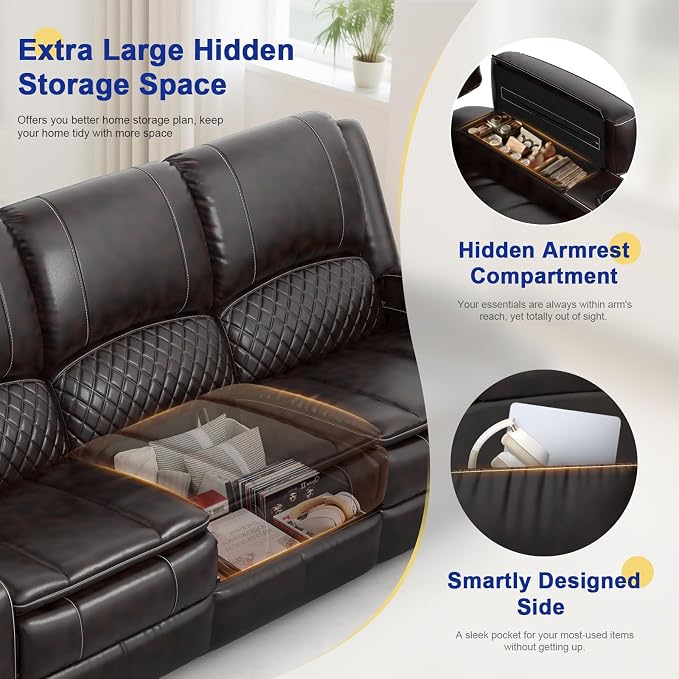 3+1 Manual Recliner Sofa, Maximum Load Capacity 1800lbs & Ergonomics Design, Multi-Functional Middle Seat & Home Theater Seating with Removable Armrest and Storage for RV Living Room (PU,Brown)