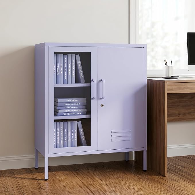 33" Tall Lockable Metal Storage Cabinet with Adjustable Shelves,2 Door Home Freestanding Locker Metal Pantry Cabinet for Living Room,Office,Dining Room,Purple Size: 33" H x 29.5" W x 13.8" D
