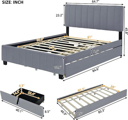 Merax Queen Size Upholstered Platform Bed with 2 Drawers and 1 Twin XL Trundle, Grey Wooden Bed Frame, No Box Spring Need