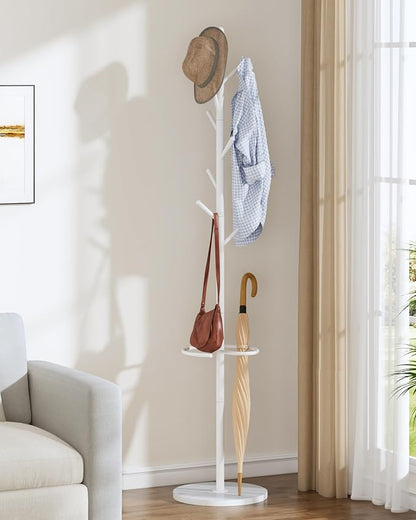 CHOEZON Coat Rack Freestanding, Coat Rack with Umbrella Holder, Coat Hanger Stand with 8 Hooks, Coat Tree with Marble Base, 3 Adjustable Size, for Entryway, Living Room, Bedroom Marble White TYM09WD