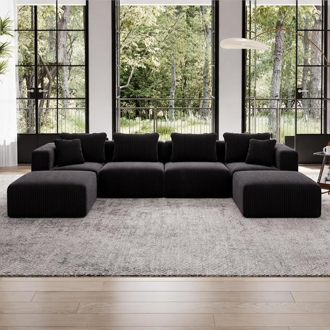 Avenco 141” U-Shaped Modular Sectional Couch Sofa with 2 Ottomans, Individually Wrapped Coil Support & Corduroy Fabric, Zero Assembly 6-Piece Set for Spacious Living Room, Black