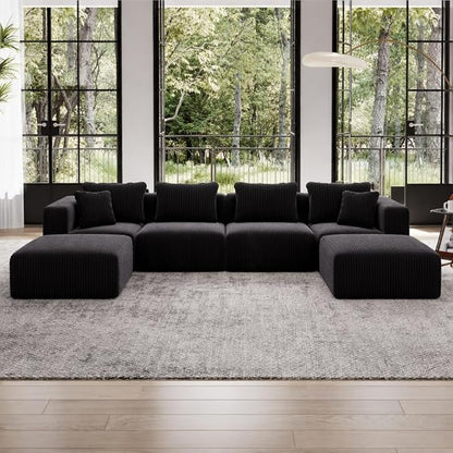 Avenco 141” U-Shaped Modular Sectional Couch Sofa with 2 Ottomans, Individually Wrapped Coil Support & Corduroy Fabric, Zero Assembly 6-Piece Set for Spacious Living Room, Black
