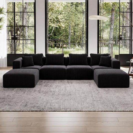 Avenco 141” U-Shaped Modular Sectional Couch Sofa with 2 Ottomans, Individually Wrapped Coil Support & Corduroy Fabric, Zero Assembly 6-Piece Set for Spacious Living Room, Black