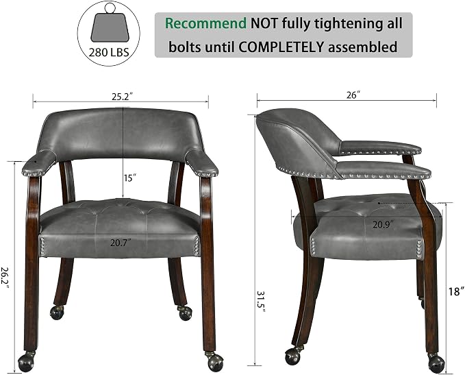 LEEMTORIG Dining Chairs with Casters and Arms, Rolling Dining Chairs with Wheels, Game Poker Table Chairs, Solid Wood Boss Caption's Chairs Office Desk Chairs, Espresso Legs & Dark Grey, XXY-1910-DG