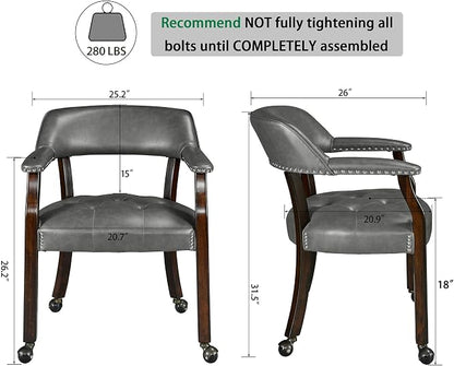 LEEMTORIG Dining Chairs with Casters and Arms, Rolling Dining Chairs with Wheels, Game Poker Table Chairs, Solid Wood Boss Caption's Chairs Office Desk Chairs, Espresso Legs & Dark Grey, XXY-1910-DG