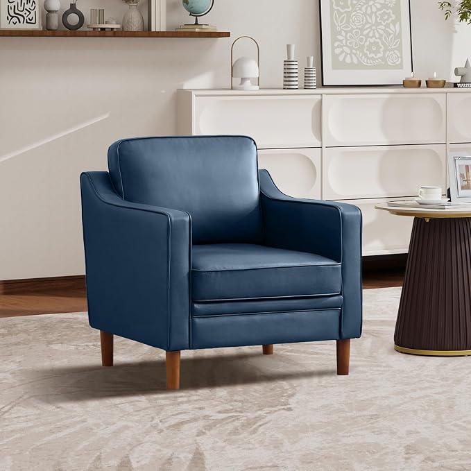Kingfun Accent Chair, Living Room Chairs, Faux Leather Reading Armchair, Mid Century with Solid Wood Foot, Upholstered Modern Decor for Bedroom, Apartment