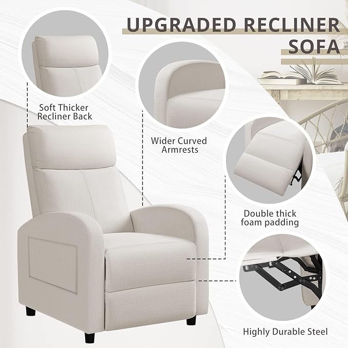 JUMMICO Recliner Chair Adjustable Home Theater Single Recliner Sofa Furniture with Thick Seat Cushion and Backrest Modern Living Room Recliners (Fabric, Beige)