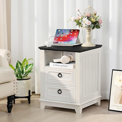 Joaxswe 18" Farmhouse Night Stand with Charging Station, 2 Drawers End Table Dresser for Bedroom, White Wooden Nightstand, Bed Side Table with Open Shelf, Bedside Cabinet for Living Room, Closet