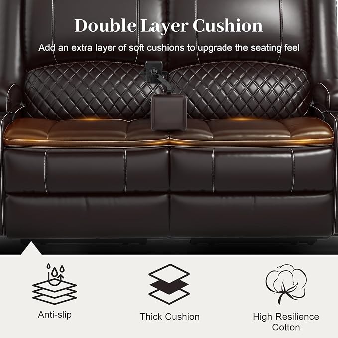 Yolsali Loveseat Recliner Sofa, Manual Wall Hugger Reclining Loveseat with Removable Armrest, 2-Tier Cushions, USB Ports & Cup Holders, RV Couch for Travel Trailers/Living Room, Brown