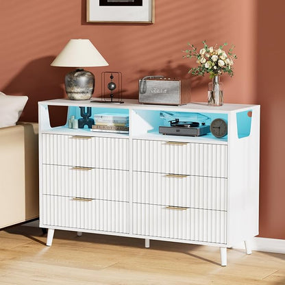 VINGLI Fluted White Dresser, Led Dresser 6 Drawer, White Wood Bedroom Dressers TV Stand, Modern, 47" W*15.75" D*33" H