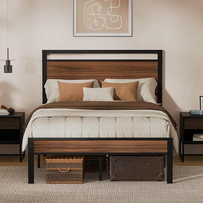 Z-hom Full Metal Bed Frame with Wooden Headboard and Footboard, Heavy Duty Platform Frame with Metal Slats, No Box Spring Needed, Quiet and Non-Slip Design, Space Saving Bed Frame for Bedroom,Walnut