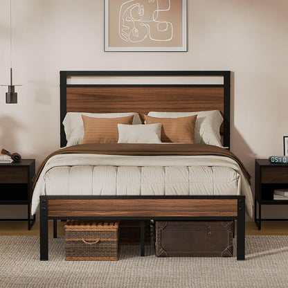 Z-hom Full Metal Bed Frame with Wooden Headboard and Footboard, Heavy Duty Platform Frame with Metal Slats, No Box Spring Needed, Quiet and Non-Slip Design, Space Saving Bed Frame for Bedroom,Walnut
