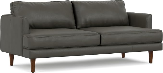 SIMPLIHOME Livingston 76" Wide x 33" High Sofa in Coal Top Grain Genuine Leather, Mid-Century Modern Loveseat for Living Room, Compact 2-Seater with Feather-Wrapped Cushions and Solid Wood Frame