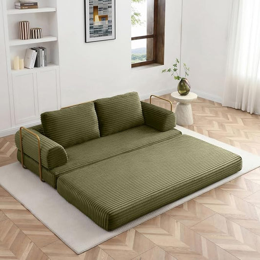 HANXIN 80 Inch Convertible Sleeper Sofa Bed, High Back Plush Corduroy Folding Floor Mattress Couch with Fixed-Shape Frame, Boneless Futon Loveseat with Pull Out Bed, No Assembly Required (Green)