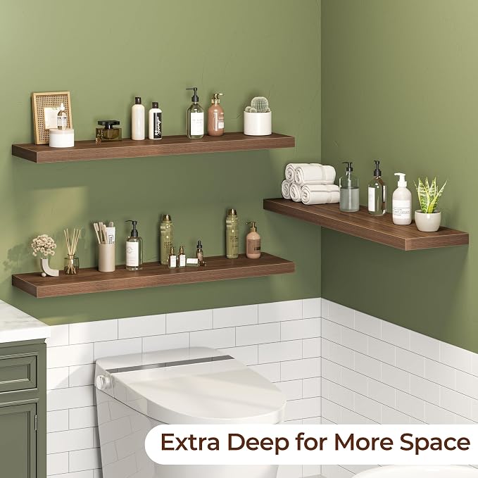 Fun Memories Floating Shelves for Wall 40 Inch Set of 3, Farmhouse Floating Shelves with Invisible Heavy Duty Bracket, 10 Inch Deep Bathroom Shelves for Storage, Living Room, Kitchen, Decor, Walnut