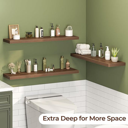 Fun Memories Floating Shelves for Wall 40 Inch Set of 3, Farmhouse Floating Shelves with Invisible Heavy Duty Bracket, 10 Inch Deep Bathroom Shelves for Storage, Living Room, Kitchen, Decor, Walnut
