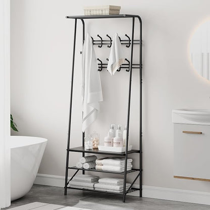 Jojoka Coat Rack Hall Tree with Shoe Storage Bench, 4-in-1 Entryway Organizer with 10 Hooks & 3-Tier Shoe Rack, Sturdy Metal Frame Freestanding Storage Unit for Hallway (Black-Double Row, 25.2in)