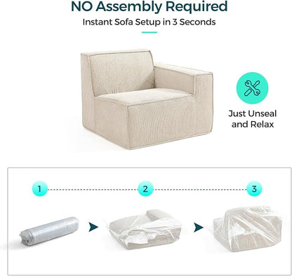 LINSY HOME Modular Sectional Sofa, 105" Boneless Couch L Shaped 3-Seat Sofa with Movable Ottoman, Corduroy Sectional Cloud Couches for Living Room, No Assembly Required, Beige