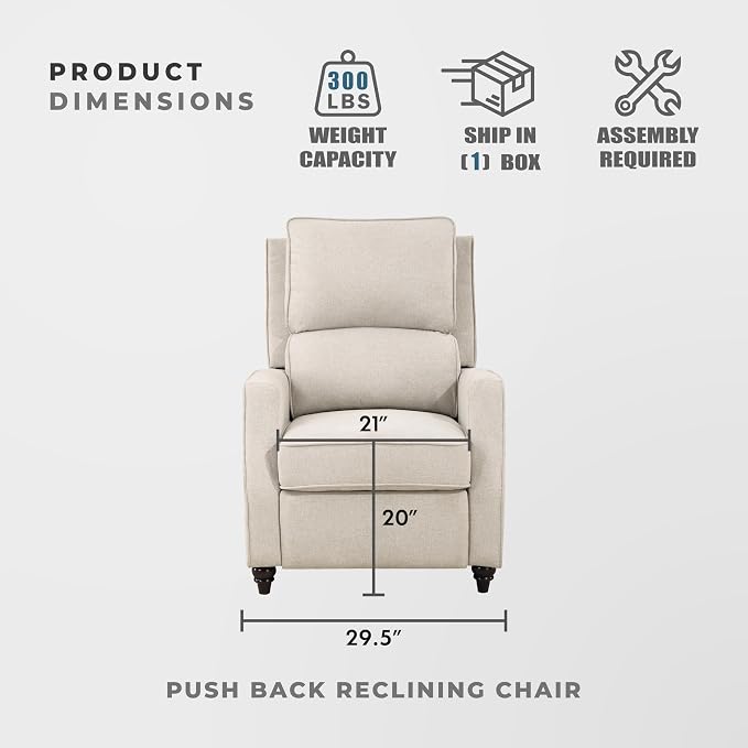 Lexicon Push Back Recliner Chair, Manual Accent Recliner with Track Arms & Bun Feet, Deep Cushioned Comfort, Modern Fabric Reclining Armchair for Living Room, Bedroom & Office, 29.5" W - Beige