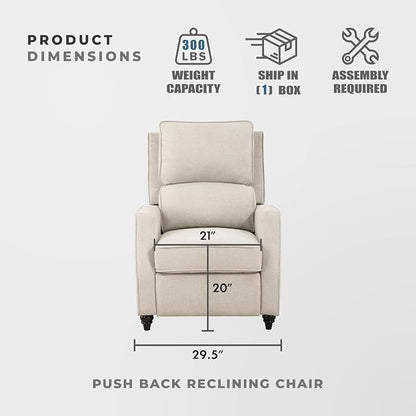 Lexicon Push Back Recliner Chair, Manual Accent Recliner with Track Arms & Bun Feet, Deep Cushioned Comfort, Modern Fabric Reclining Armchair for Living Room, Bedroom & Office, 29.5" W - Beige