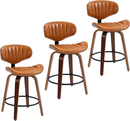 Swivel Bar Stools Set of 3, 24 inch PU Leather Wooden Bentwood Barstools Counter Height Modern Breakfast Bar Chairs with Backrest and Footrest for Kitchen Island, Dining Room D035-Brown-3