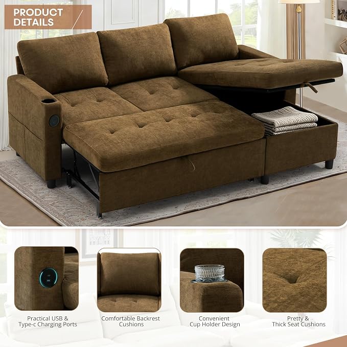 84" L-Shape Reversible Sectional Sofa Bed w/USB Port, Light Brown | Upholstery Sleeper Couch w/Adjustable Backrests & Storage Chaise, Chenille Modern Sofa w/Pull-Out Bed for Living Room