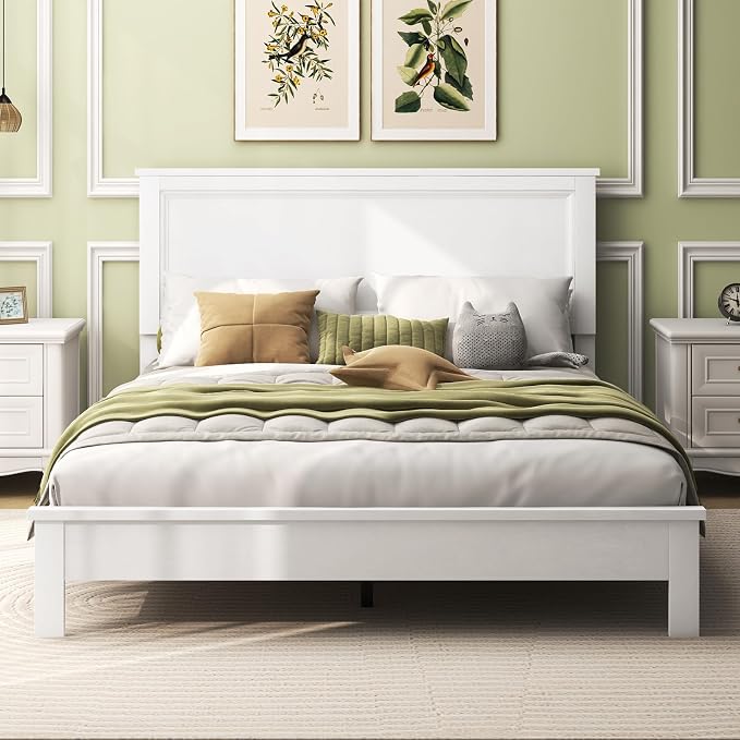 Giantex Wood Queen Platform Bed Frame with Headboard, Mid Century Bed Frame with Solid Wood Legs & Wooden Slat Support, No Box Spring Needed, White Bed