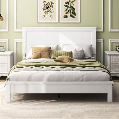 Giantex Wood Queen Platform Bed Frame with Headboard, Mid Century Bed Frame with Solid Wood Legs & Wooden Slat Support, No Box Spring Needed, White Bed