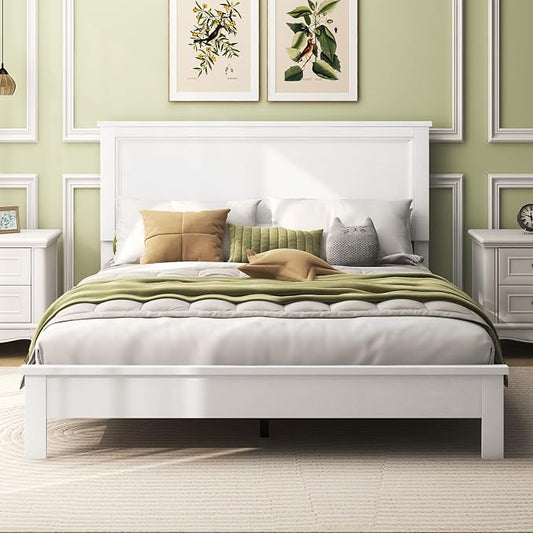 Giantex Wood Queen Platform Bed Frame with Headboard, Mid Century Bed Frame with Solid Wood Legs & Wooden Slat Support, No Box Spring Needed, White Bed