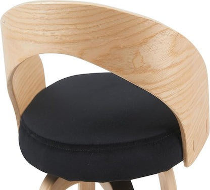 Sonia Modern Swivel Counter Height Bar Stool with Black Upholstered Seat and Patterned Oak Wood Finish Set of 2