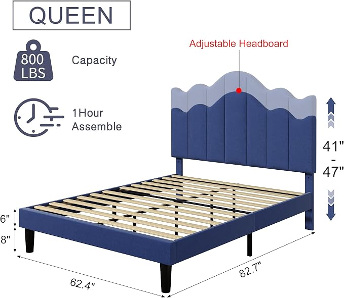 VECELO Queen Size Upholstered Platform Bed Frame with Adjustable Headboard, Wood Slat Support and Noise-Free, No Box Spring Needed, Easy Assembly, Dark&Blue