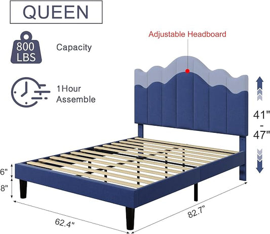 VECELO Queen Size Upholstered Platform Bed Frame with Adjustable Headboard, Wood Slat Support and Noise-Free, No Box Spring Needed, Easy Assembly, Dark&Blue