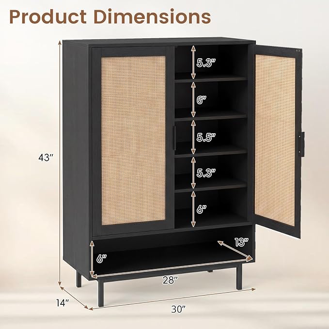 LOKO Shoe Storage Cabinet with 2 Doors, 6-Tier Rattan Shoe Organizer with Adjustable Shelves & Open Compartment, Freestanding Hidden Shoe Cabinet for Entryway, Closet & Living Room (Black)