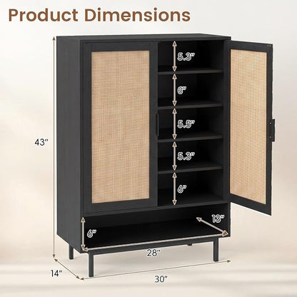 LOKO Shoe Storage Cabinet with 2 Doors, 6-Tier Rattan Shoe Organizer with Adjustable Shelves & Open Compartment, Freestanding Hidden Shoe Cabinet for Entryway, Closet & Living Room (Black)