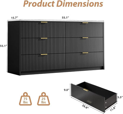 MAISONARIA 3-Piece Dresser Bedroom Set, 6 Drawer Dresser & 2 Drawer Nightstands with Gold Handles, Fluted Wood Chest of Drawers for Bedroom, Living Room, Entryway, Black