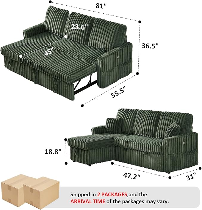 KCGKCG Sleeper Sofa Bed, 81” Pull Out Couch Bed with Reversible Storage Chaise, 3 in 1 L-Shaped Couch with Charging Station, Cup Holder, Side Pocket, Plush Corduroy Couches for Living Room(Green)