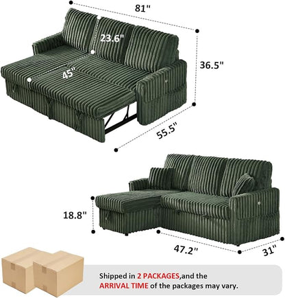 KCGKCG Sleeper Sofa Bed, 81” Pull Out Couch Bed with Reversible Storage Chaise, 3 in 1 L-Shaped Couch with Charging Station, Cup Holder, Side Pocket, Plush Corduroy Couches for Living Room(Green)