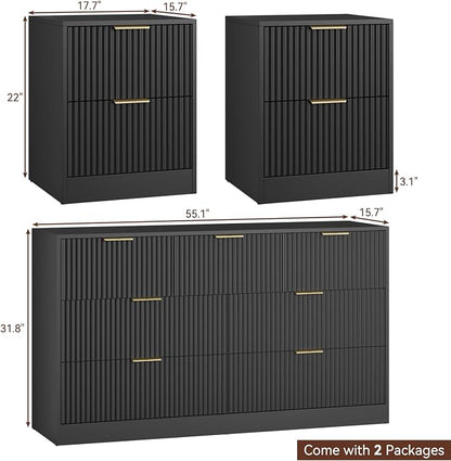 7 Drawer Dresser & Nightstand Set 3-Piece, 55” Wide Bedroom Dressers and Night Stand Set of 2 with Metal Handle, Fluted Modern Wood Chest of Drawers Storage Dressers Set for Bedroom, Black