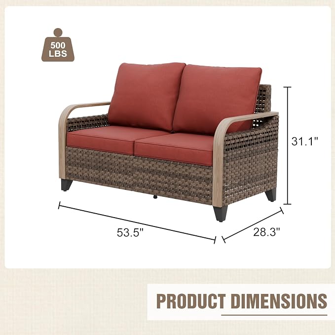 Modern Wicker Patio Sofa, Rattan Outdoor Loveseat for Small Balcony, 2 Seat Loveseat Furniture Set for Garden Deck Backyard, Brown/Red