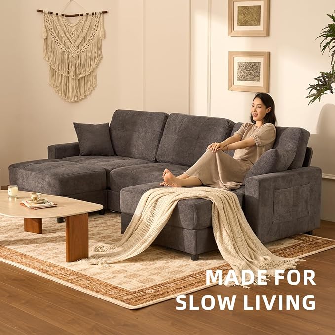 112" U Shaped Modular Cloud Sectional Couch, Waffle Fabric, Dark Gray | Modular Deep Seat Sofa, Movable Ottoman, Pocket Spring Cushions, 2-Box Delivery, Living Room Lounge Use, Not Boneless
