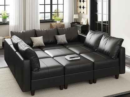 EASE MOOSE Faux Leather Sectional Couch with Storage,Black Sleeper Faux Leather Modualr Sofa Couch