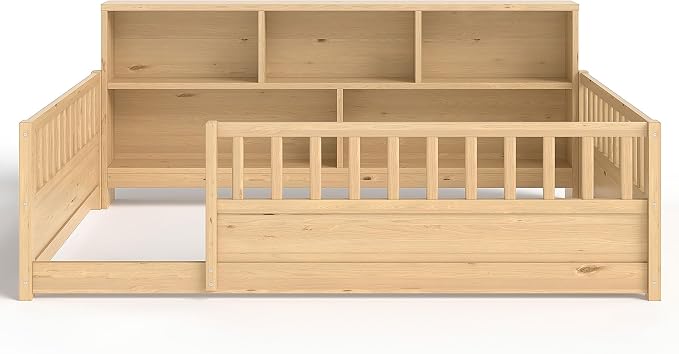 Bellemave Full Size Montessori Floor Bed with Bookcase, Full Floor Bed with High Fence and Storage Shelves, Easy Assemble Montessori Beds Frame for Girls, Boys, Natural