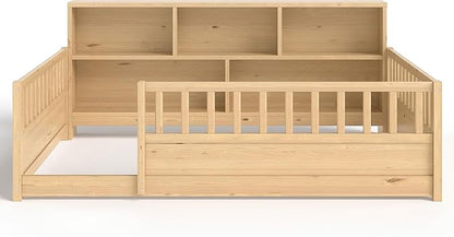 Bellemave Full Size Montessori Floor Bed with Bookcase, Full Floor Bed with High Fence and Storage Shelves, Easy Assemble Montessori Beds Frame for Girls, Boys, Natural