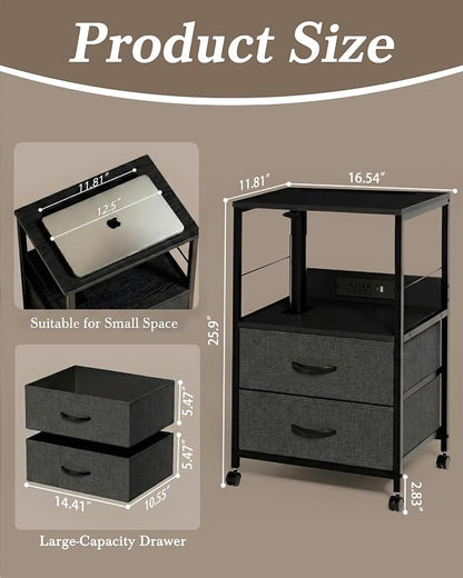 Faesun Swivel Lift Top Nightstand with Charging Station, Rolling Side Table for Recliner, Bedside Table with Wheels & 2 Fabric Drawers, for Small Spaces, for Bedroom, Living Room, Black Gray