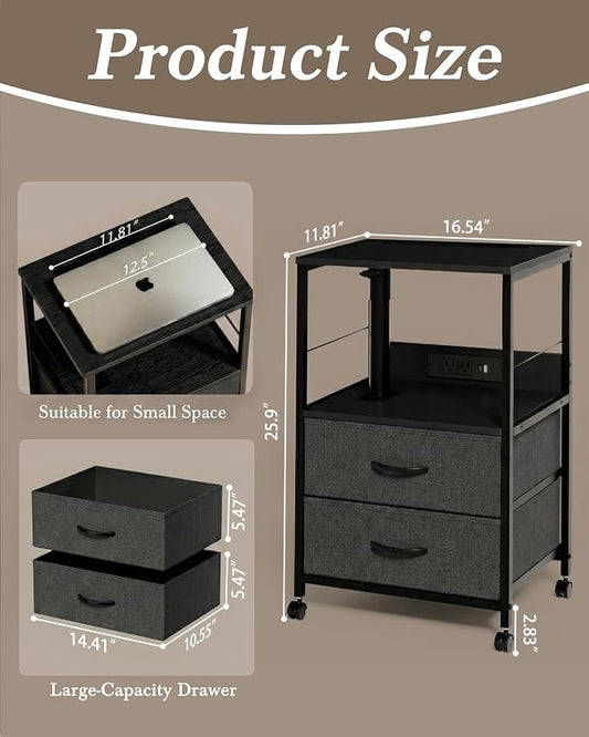 Faesun Swivel Lift Top Nightstand with Charging Station, Rolling Side Table for Recliner, Bedside Table with Wheels & 2 Fabric Drawers, for Small Spaces, for Bedroom, Living Room, Black Gray