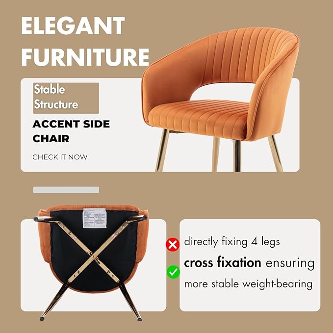 Hyfirm Velvet Dining Chairs Set of 6, Modern Gold Legs Dining Room Chairs with Hollow Back, Upholstered Accent Kitchen Chairs for Living Room/Reception/Restaurant, Orange