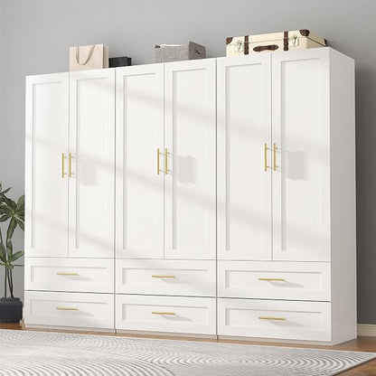 Armoire Wardrobe Closet with Drawers: 75" White Wardrobe Closet with 6 Doors and 6 Drawers, Wood Armoire Closets Cabinet for Hanging Clothes, Bedroom Armoires with Hanging Rod (94.5")