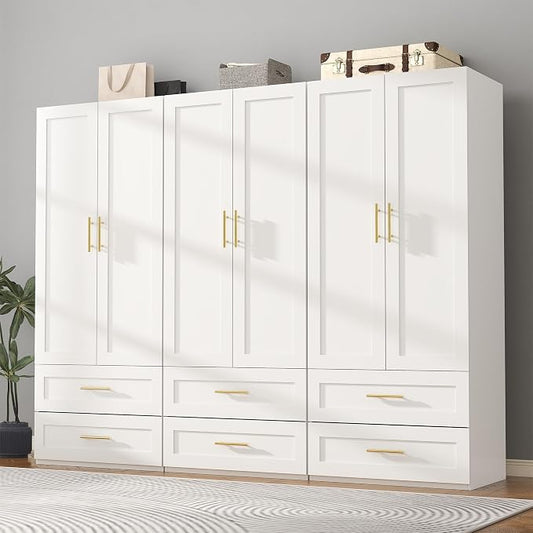 Armoire Wardrobe Closet with Drawers: 75" White Wardrobe Closet with 6 Doors and 6 Drawers, Wood Armoire Closets Cabinet for Hanging Clothes, Bedroom Armoires with Hanging Rod (94.5")